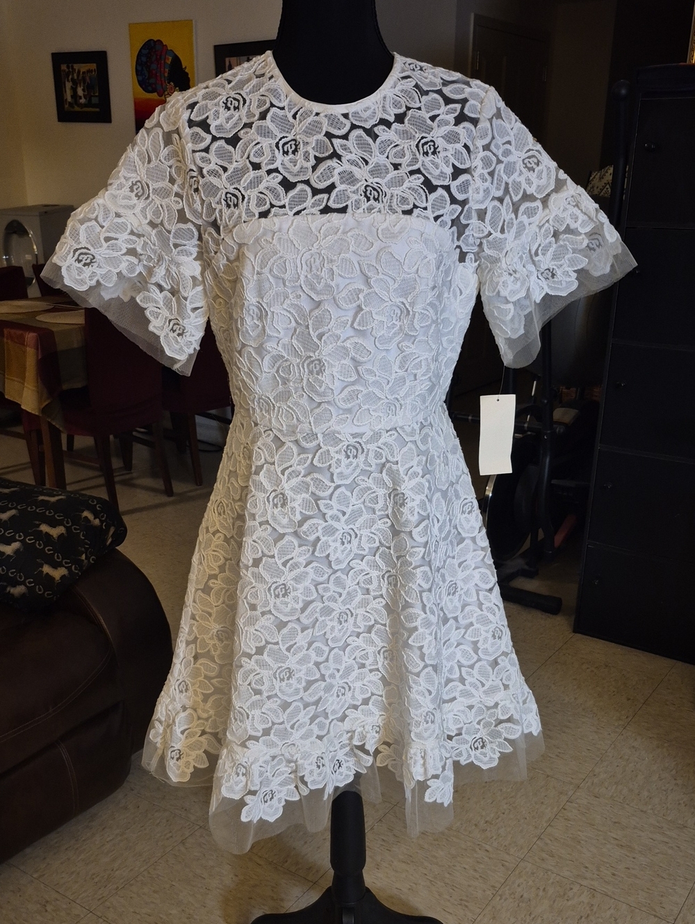 Shoshanna White Floral Lace Dress with Sheer Yoke